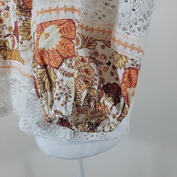 Rachel Zoe Top S Paisley Print Crochet Balloon Sleeve Cropped Linen Peasant - Picture 7 of 15